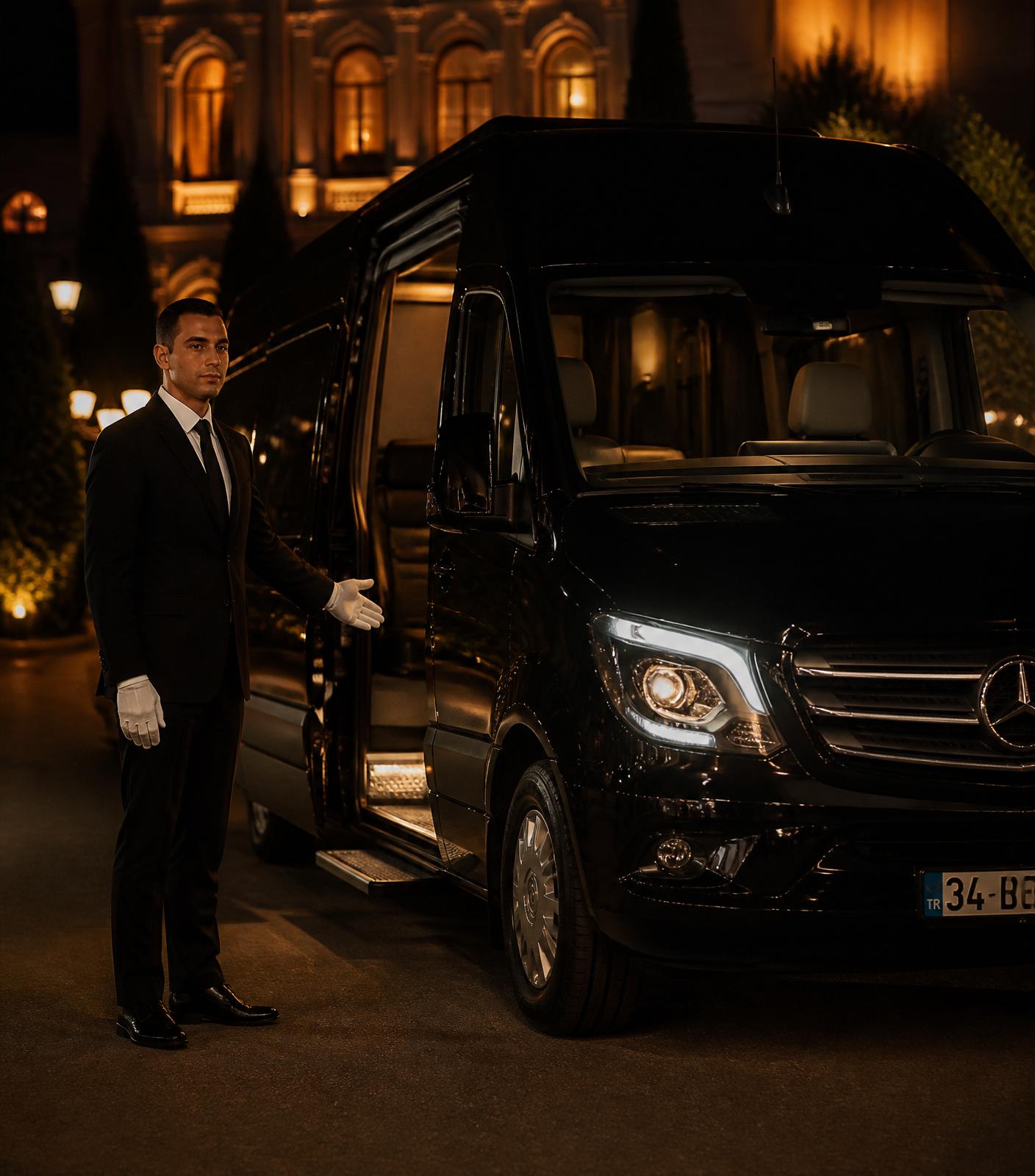 Chauffeur in white gloves opening Sprinter limo door