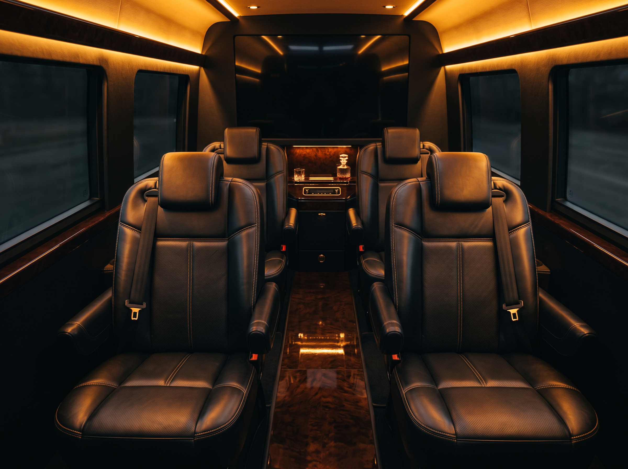 Interior of a luxury Mercedes Sprinter limousine with ambient lighting